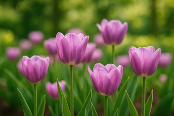 Fototapeta premium A collection of pink and purple Triumph tulips arranged in a garden setting