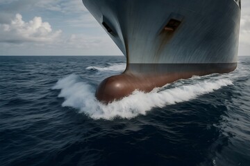 Bow of cargo ship cutting through ocean waves, marine transportation concept with steel hull and clear sky 