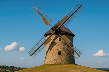 Close-up of an ancient windmill perched on a hilltop with a clear blue sky in the background