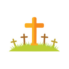 Large gold cross surrounded by smaller wooden crosses in grass
