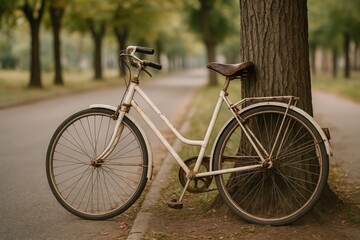 Fototapeta premium Antique bicycle beside a large tree