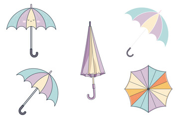Bright and playful set of umbrellas in cartoon vector style, rainy weather theme with soft colors, flat design elements for prints, apps, seamless patterns, fabric, and children's content
