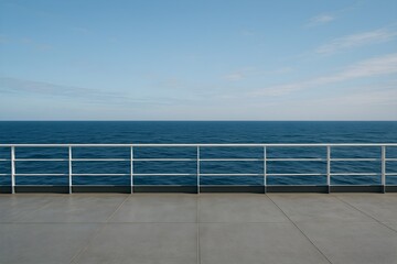 Empty ship deck overlooking calm ocean under blue sky, tranquil maritime setting for background or design 