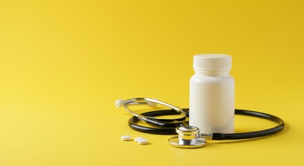 Medical Supplies on Yellow Background: Pills, Stethoscope, and Medicine Bottle