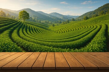 Unveiling a wooden flooring installation amidst lush green tea fields on elevated terrains in northern Asia