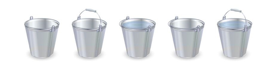 Metal vector buckets with and without water. Vector
