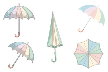 Set of vector umbrellas in colorful flat design, cartoon rainy day theme, umbrella collection with cute and minimal look, perfect for print, web, weather infographics, and creative graphics

