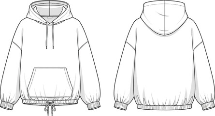 Must have oversized hoodie fashion flat sketch, a vector technical drawing template with front and back views for apparel design.