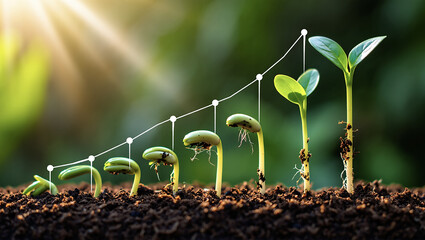 Growth stages of a plant seedling emerging from soil with an ascending line graph overlayed