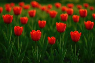 Obraz premium A vibrant summer evening showcases crimson tulips blooming amidst lush greenery, highlighting nature's elegance.