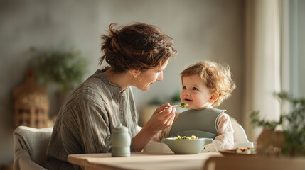 Mother feeding her toddler at a wooden dining table, surrounded by soft natural light and greenery, showcasing a nurturing and joyful mealtime experience