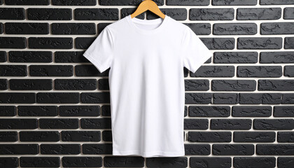 White T Shirt on Black Brick Wall Background – Apparel Mockup for Fashion Display