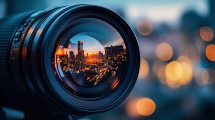 Capturing the city skyline through a camera lens during sunset with vibrant bokeh effects in the background