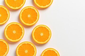 Bright orange wedges arranged on a clean white surface with ample space for text