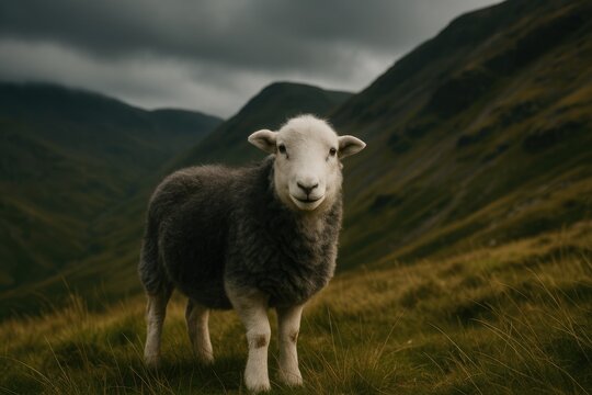 A solitary Herdwick sheep gazes at the camera amidst mountain terrain in a scenic national park, captured on a cloudy day.