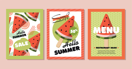 Set Summer flyer templates with watermelon. Summer sale banner, menu poster design.