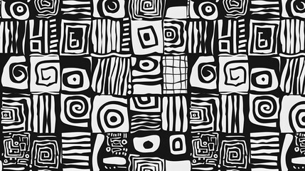 Monochromatic background featuring a dynamic abstract pattern in black and white, with a unique blend of geometric shapes, swirls and creative design elements offering a visually captivating appeal.