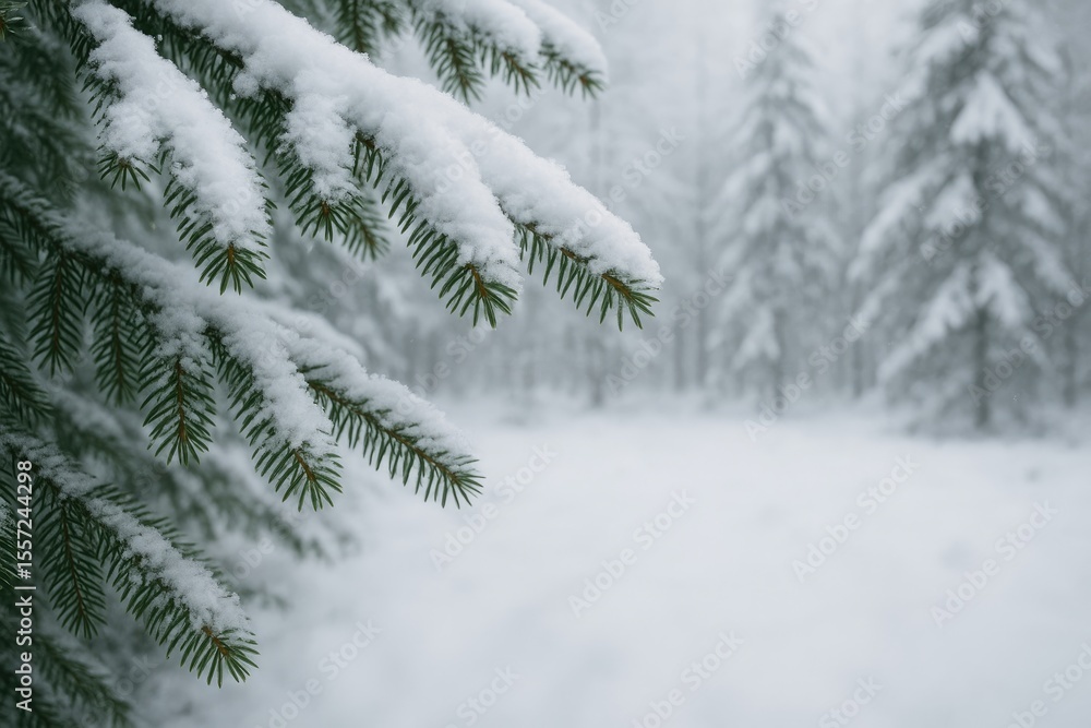 Poster intricate snow patterns on pine branches and trees against a winter white backdrop with green accent