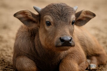 Young calf with a close-up of its head sitting peacefully