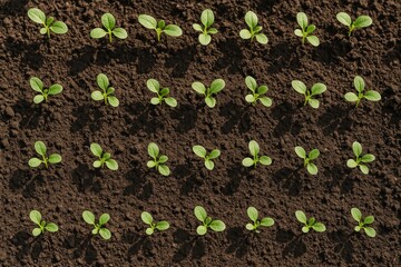 Young plant sprouts in a vegetable patch during early spring, overhead perspective