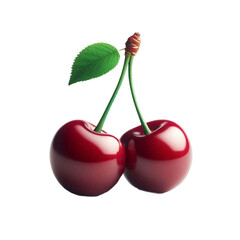  Twin Cherries with Connected Green Stems and Glossy Rich Red Skin, Isolated on a Pure White Background in a Minimalist Fresh Fruit Photography Style