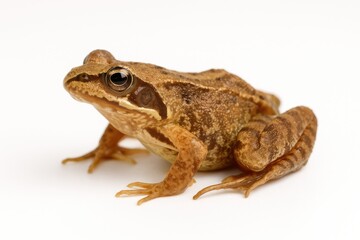 Fototapeta premium Simple white background featuring a small brown frog