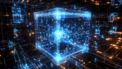 A glowing digital cube composed of bright blue neon lines, with streams of data flowing through it, centered on an abstract futuristic grid background and emitting radiant light from its edges.