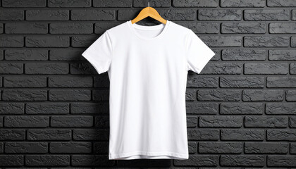 White T Shirt on Black Brick Wall Background – Apparel Mockup for Fashion Display