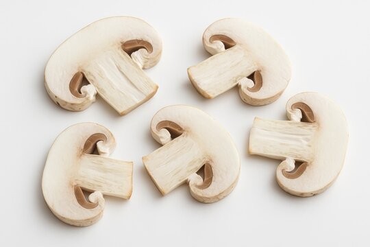 Sliced mushroom caps on a plain white backdrop