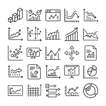 Collection of Black and White Line Art Icons Representing Various Types of Data Charts