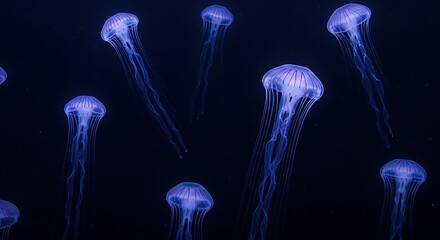 Graceful jellyfish float serenely in the deep blue ocean, their translucent bells and trailing tentacles creating a mesmerizing underwater scene.
