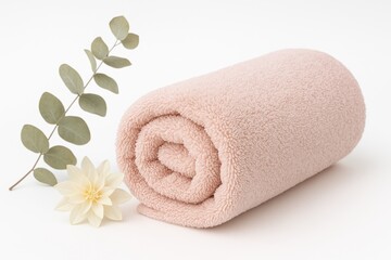 Plush pink towel with a eucalyptus branch on a white backdrop