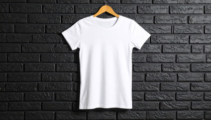 White T Shirt on Black Brick Wall Background – Apparel Mockup for Fashion Display