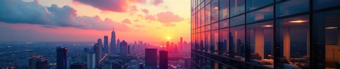 Fototapeta premium Modern Glass Office Tower Reflecting Sunset Cityscape Architectural Photography