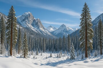 Frozen winter scenes featuring snow-covered mountains and forests