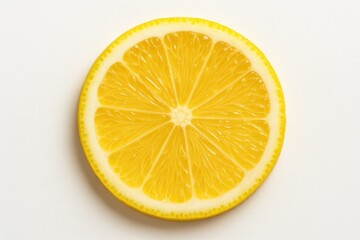 Top-down view of a fresh lemon slice on white background