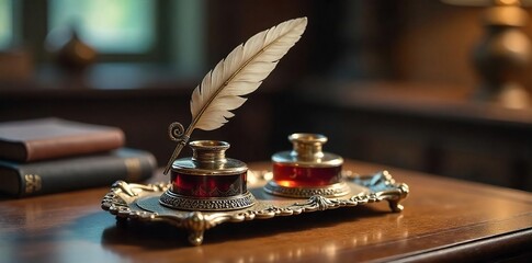 Elegant Silver Inkstand Vintage Writing Desk Accessory.  Intricate Metal Feather Design, Polished Finish, Holds Inkwells & Quills. Perfect for a Classic Study or Office.