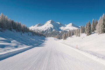 Sunny day with a snowy ski slope under a bright blue sky