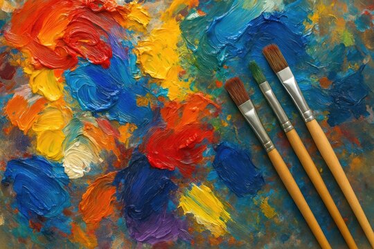 Blurry art supplies featuring a paint palette and brushes