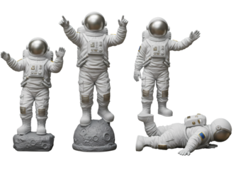 Set of Four Astronaut Figurines Dynamic Poses on Lunar Surfaces isolated on transparent background