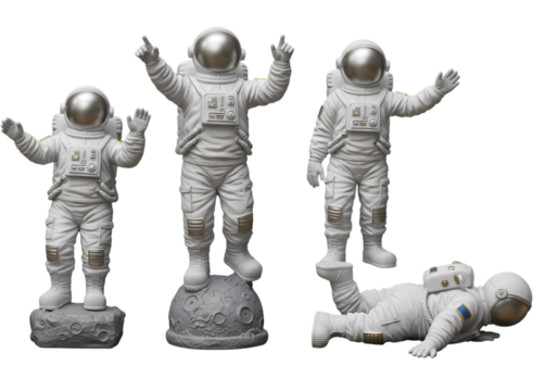 Set of Four Astronaut Figurines Dynamic Poses on Lunar Surfaces isolated on transparent background