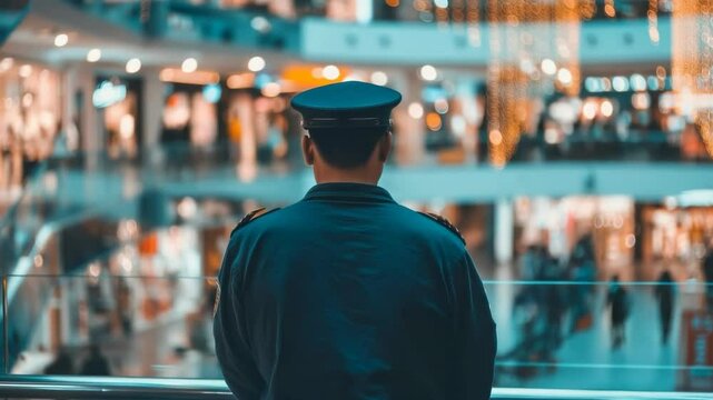 Security Guard Overlooking a Busy Shopping Mall with Festive Decorations, Crowd
