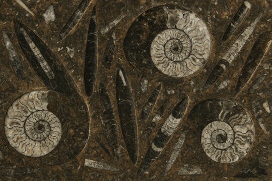 Polished stone featuring ancient fossilized shells of goniatites, ammonites, and orthoceras