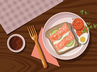 Delicious toast with a boiled egg and spices on a wooden table. Healthy breakfast.