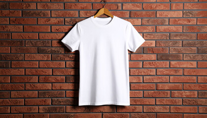 White T Shirt Hanging on Brick Wall Background for Apparel Mockup and Display