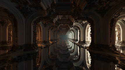 Naklejka premium Exploring Mysterious Ancient Hallway with Arches and Water Reflection