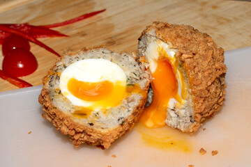 Crispy Scotch Egg Batter Fried Golden Close up with runny yolk