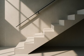 Fototapeta premium Sunlit staircase with a gray wall and shadow play through the window