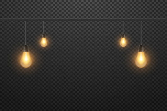 Collection of realistic glowing lamps hanging on a wire. Glowing bulbs. On a transparent background. Vector.