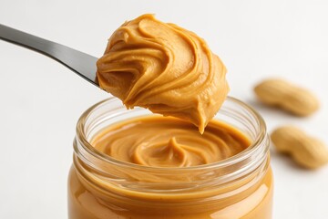 Close-up of a knife with peanut butter against a backdrop of glassware, with selective focus.